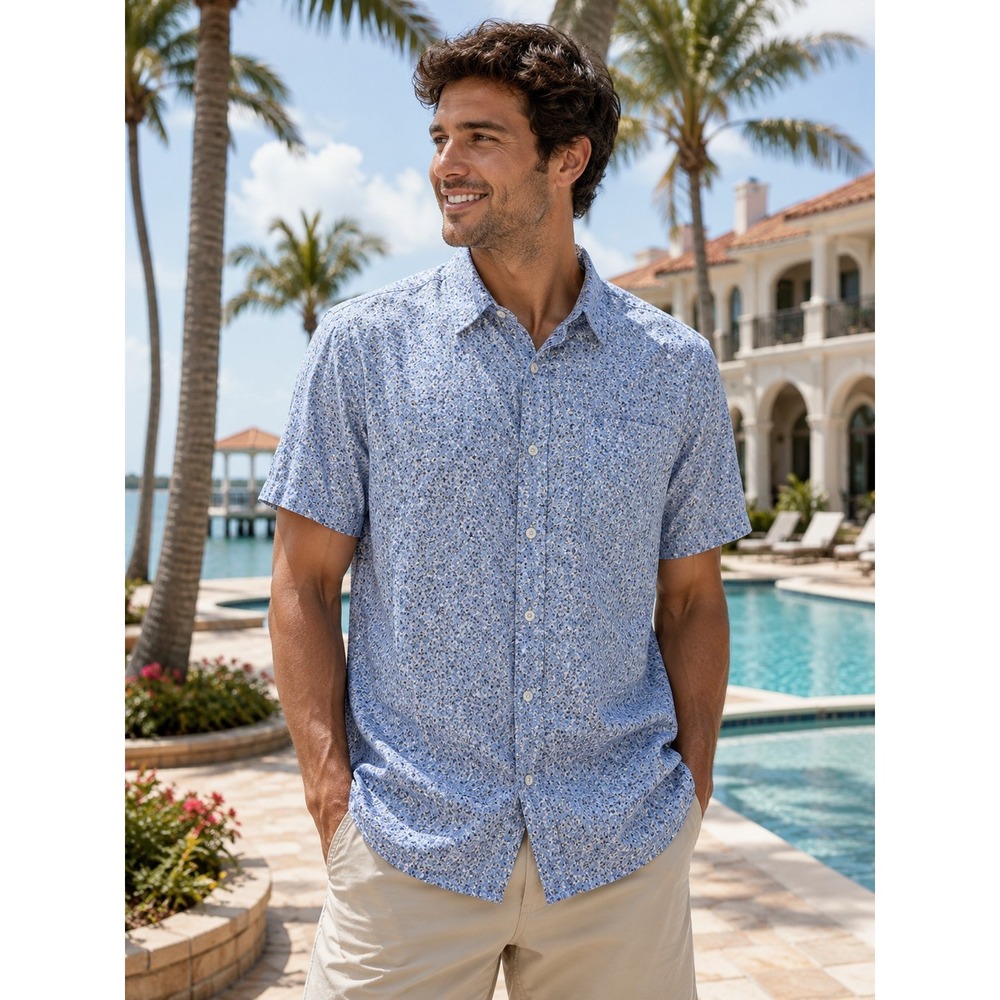 MAUS & HOFFMAN Men's Large Blue‎ Geometric Short Sleeve Shirt Beachy -2641